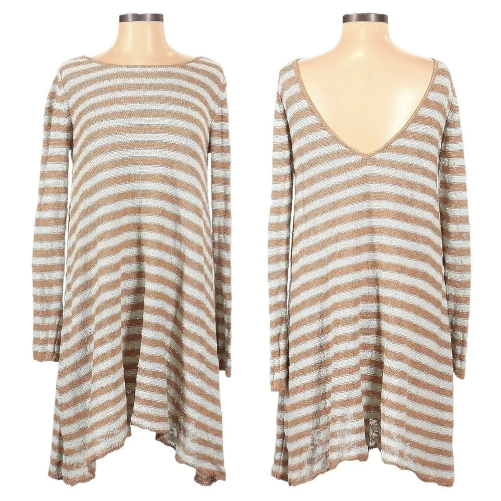 Free People Boucle Knit Flowy Boho Stripe Tan Mint Tunic Sweater Size XS L/S